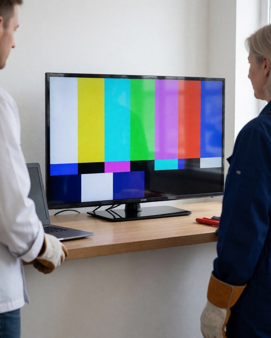 Technician and client reviewing a TV with a test pattern on a service table against a white wall.