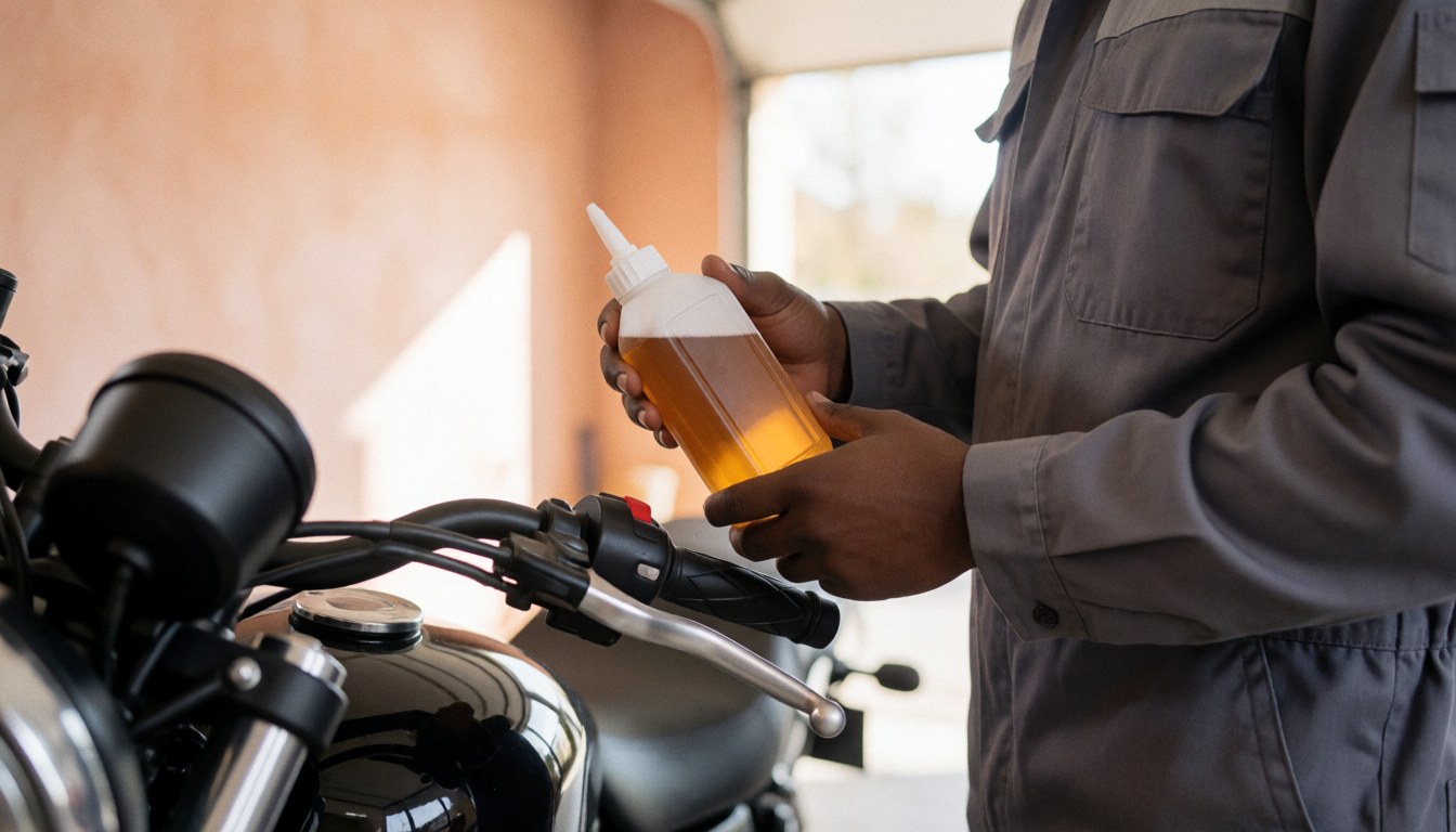Close-up of a mechanic applying brake fluid to a motorcycle in a well-lit workshop with visible handlebars and brake tank.