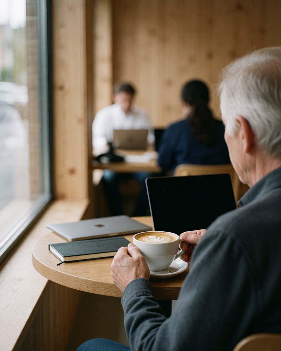 An older client sips coffee with latte art while working on a laptop at a wooden-walled cafe.