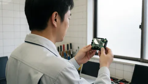 Technician checking an oven ignition module in a tiled workshop with tools visible in the background