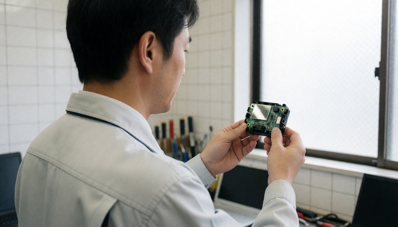 Technician checking an oven ignition module in a tiled workshop with tools visible in the background