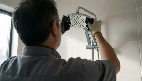 A bathroom installer mounting a shower with gloves, tiled wall, and natural light