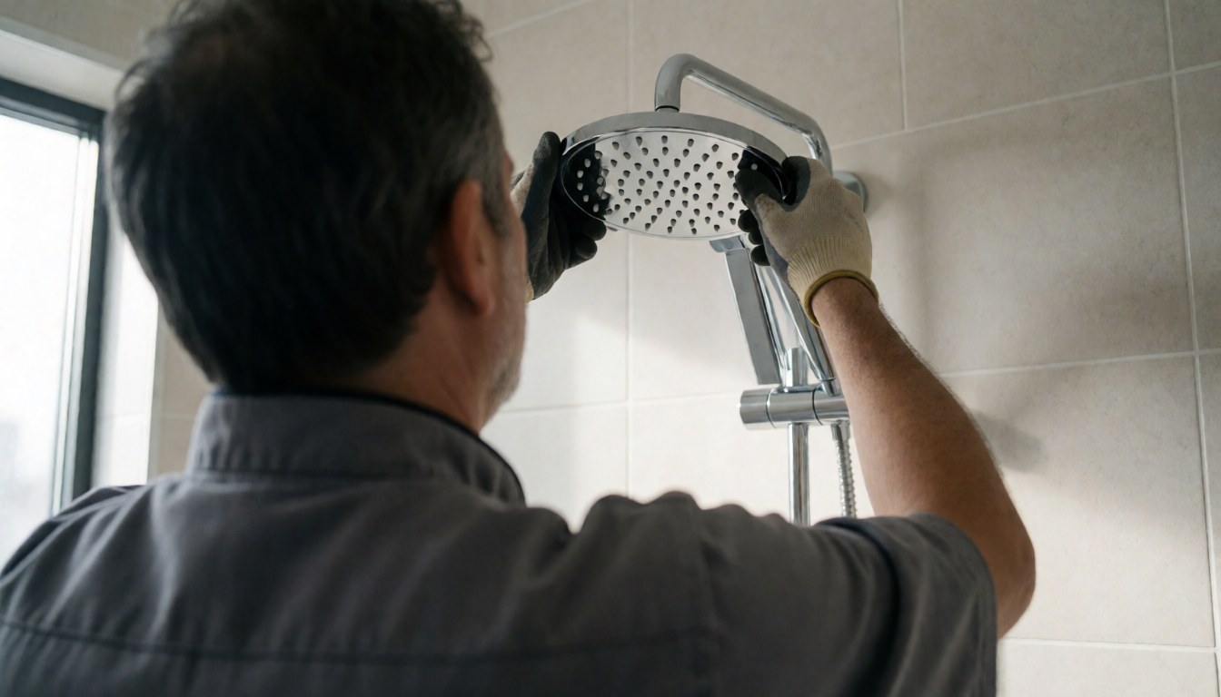 A bathroom installer mounting a shower with gloves, tiled wall, and natural light