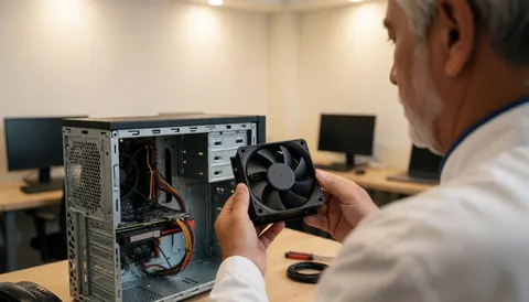 Electronics repair technician installing a cooling fan inside an open computer case in a well-lit workshop.