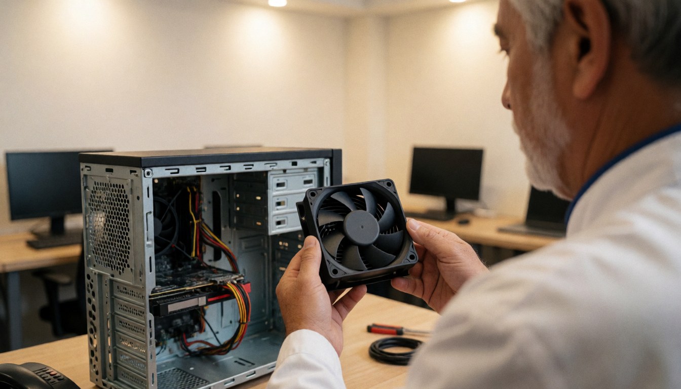 Electronics repair technician installing a cooling fan inside an open computer case in a well-lit workshop.