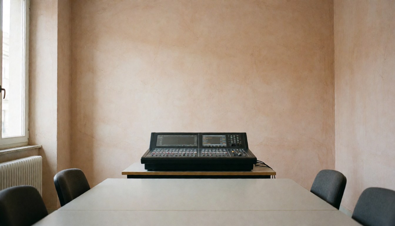 Digital audio mixing console in an event space with terracotta walls and natural light, suitable for a website hero section.