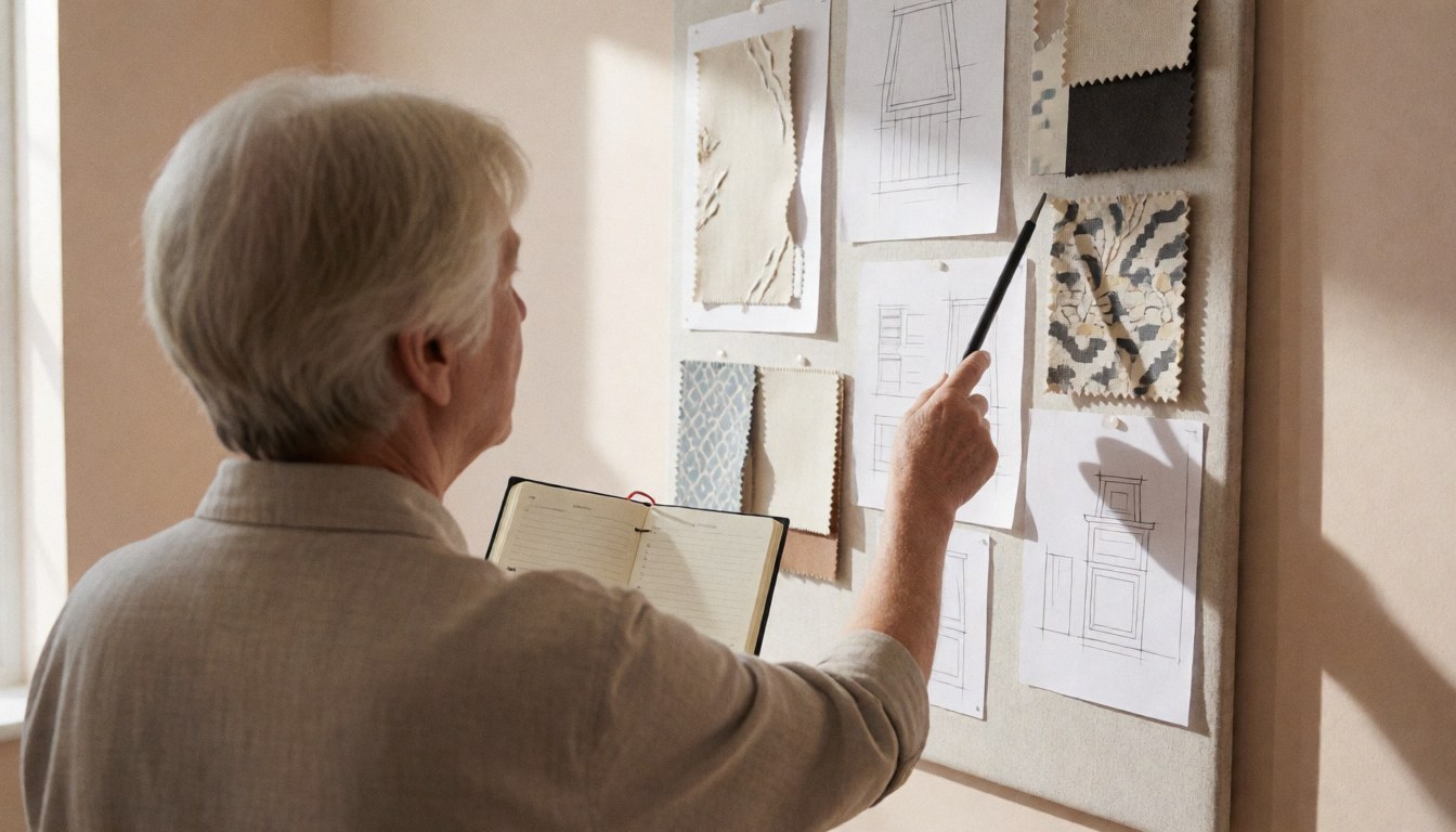 Professional wedding planner examining fabric swatches and design layouts on a board in a bright room with beige walls