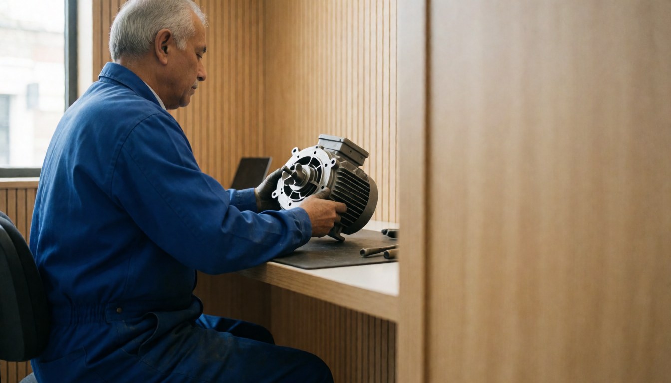 Technician in blue uniform inspecting a dishwasher motor on a workbench with wooden walls and natural light.
