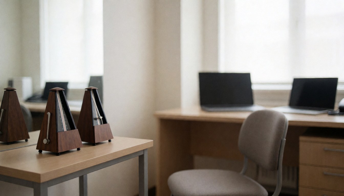 Wooden metronome on a theater workshop table with a chair and mirror, soft light and professional atmosphere for text background.