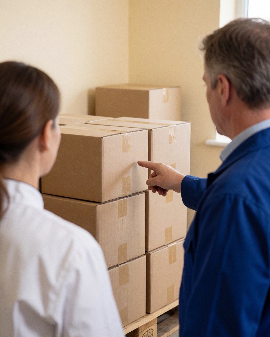 A satisfied client points at shipping crates on a pallet while inspecting them with a professional in a well-lit room with beige walls.