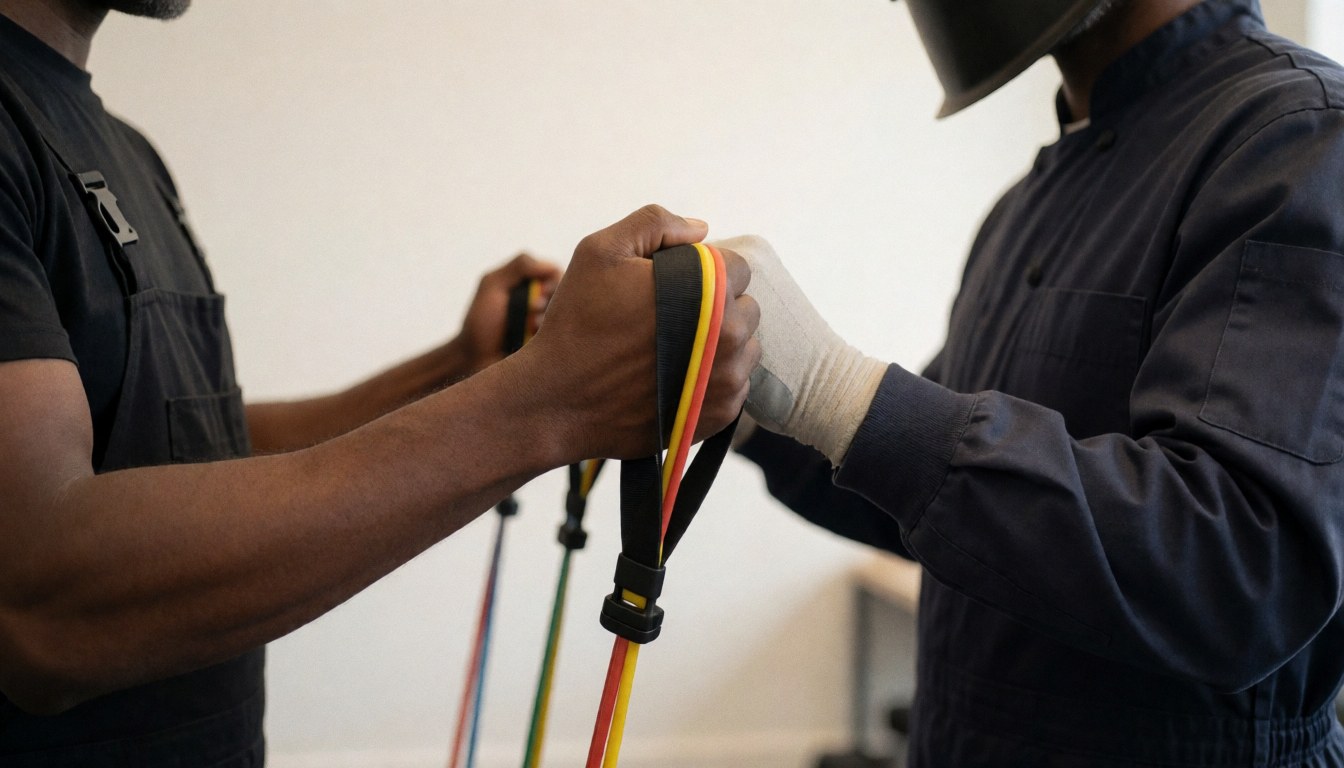 A personal trainer assists a client in stretching using colorful resistance bands in a gym with a white background.