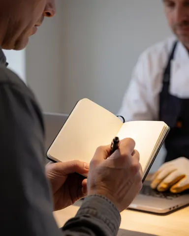A customer writes in a notebook while listening to a professional wearing gloves, seated at a wooden table with a laptop against a light gray wall.