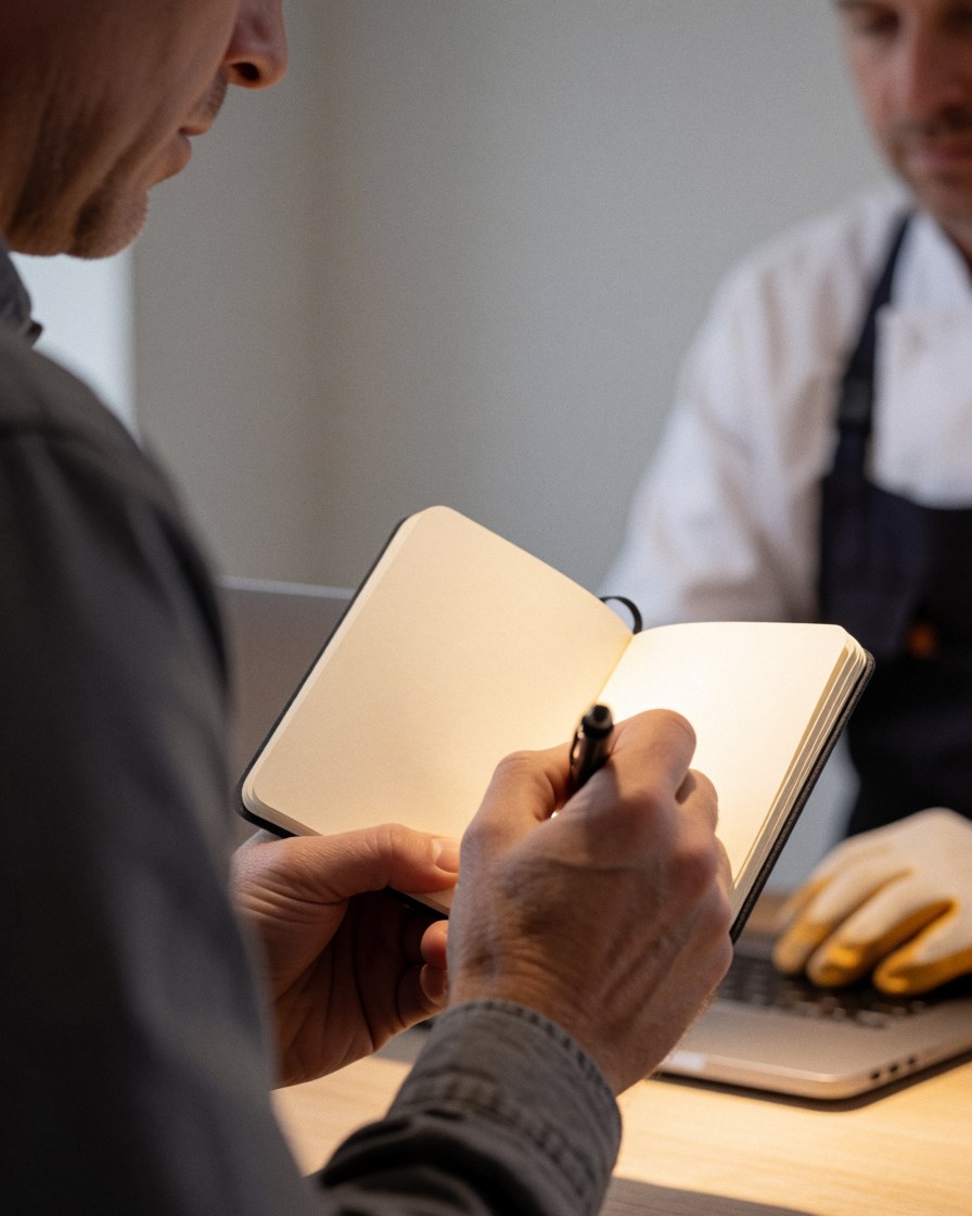 A customer writes in a notebook while listening to a professional wearing gloves, seated at a wooden table with a laptop against a light gray wall.