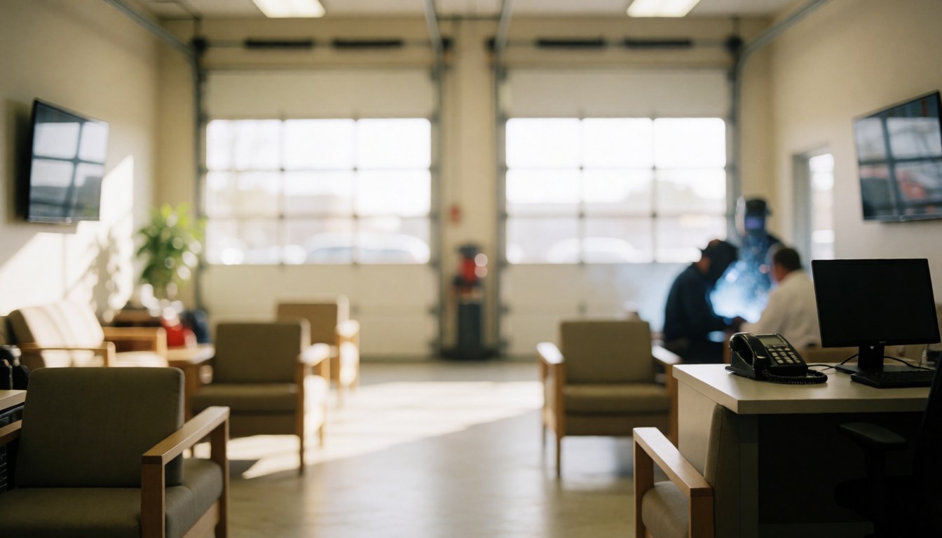 Comfortable waiting chairs placed in front of industrial garage doors, creating a calm and inviting atmosphere for automotive service businesses.