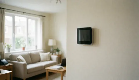 Close-up of a smart thermostat on a cream wall with a blurred living room background featuring a sofa and window, suitable for heating repair businesses.