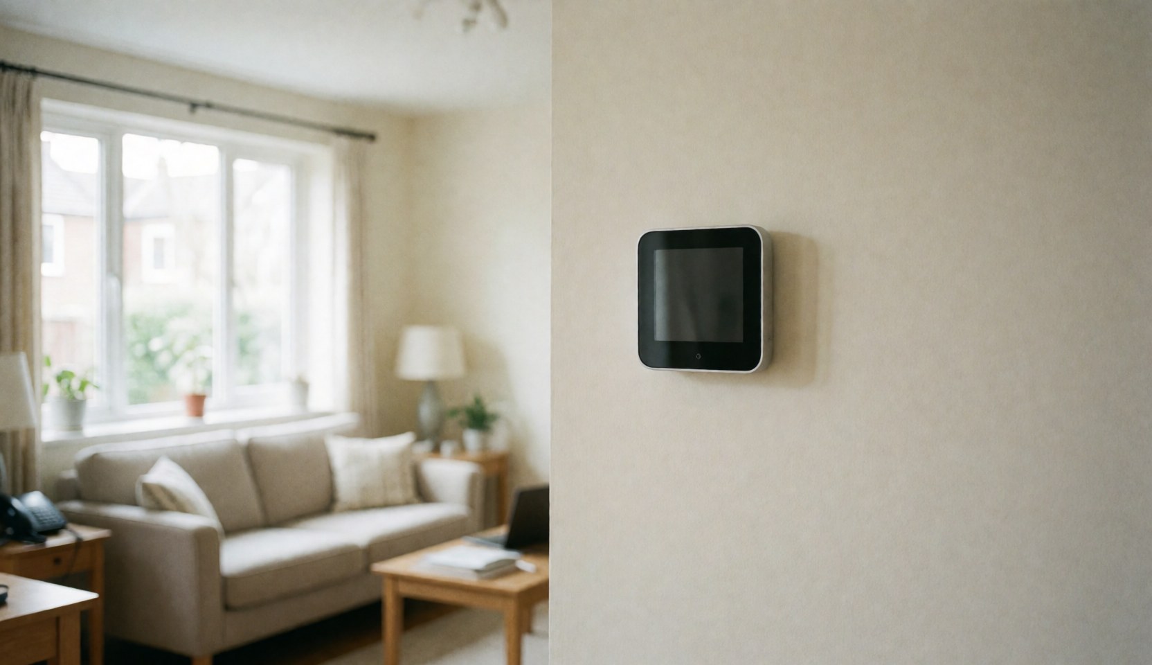 Close-up of a smart thermostat on a cream wall with a blurred living room background featuring a sofa and window, suitable for heating repair businesses.