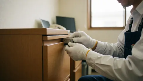 A locksmith installs a metal lock on a wooden drawer in a naturally lit office setting