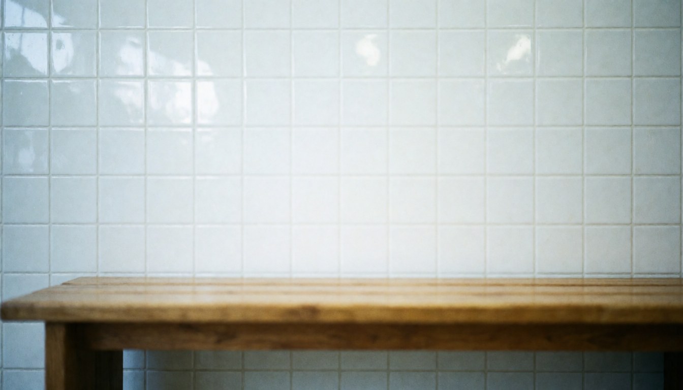 Visible wood grain on a wooden bench set against a bright white tiled wall, serving as a clean background for text in a water park setting