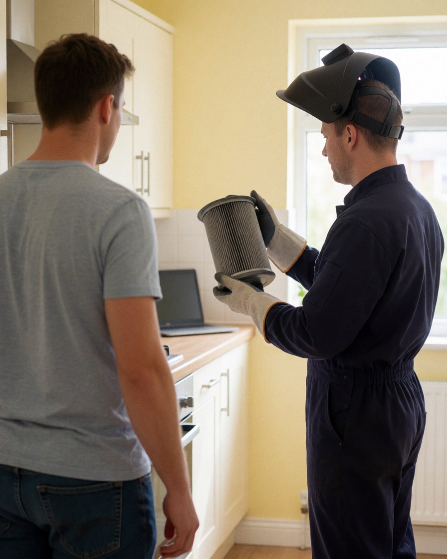 Technician wearing gloves displays a clean kitchen filter to a client in a kitchen with yellow walls and natural light.