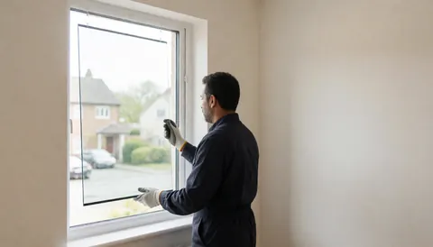 A worker wearing gloves installs new Low-E glass into a white window frame with white walls and natural lighting.
