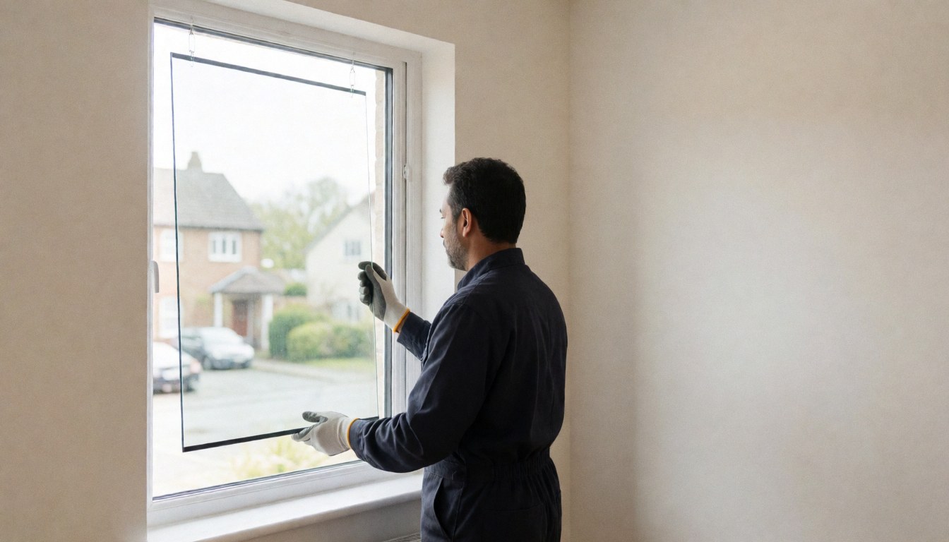 A worker wearing gloves installs new Low-E glass into a white window frame with white walls and natural lighting.