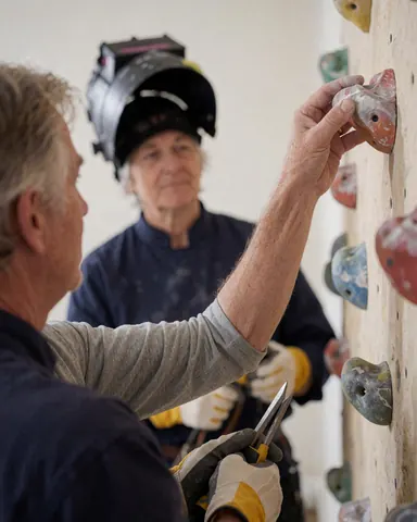 A professional installer secures climbing holds on an indoor wall while another worker observes in the background