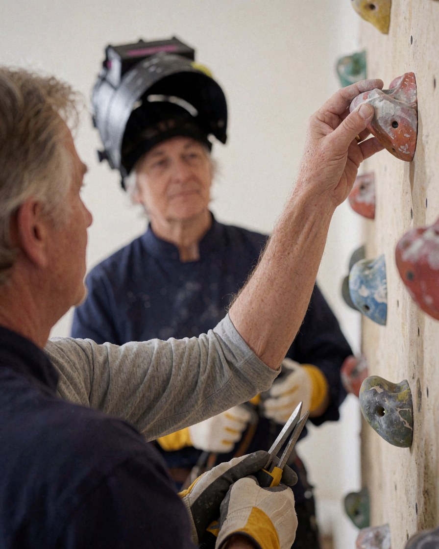 A professional installer secures climbing holds on an indoor wall while another worker observes in the background