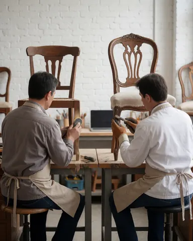 Two upholsterers working on vintage chairs in a workshop with a white brick wall using upholstery tools