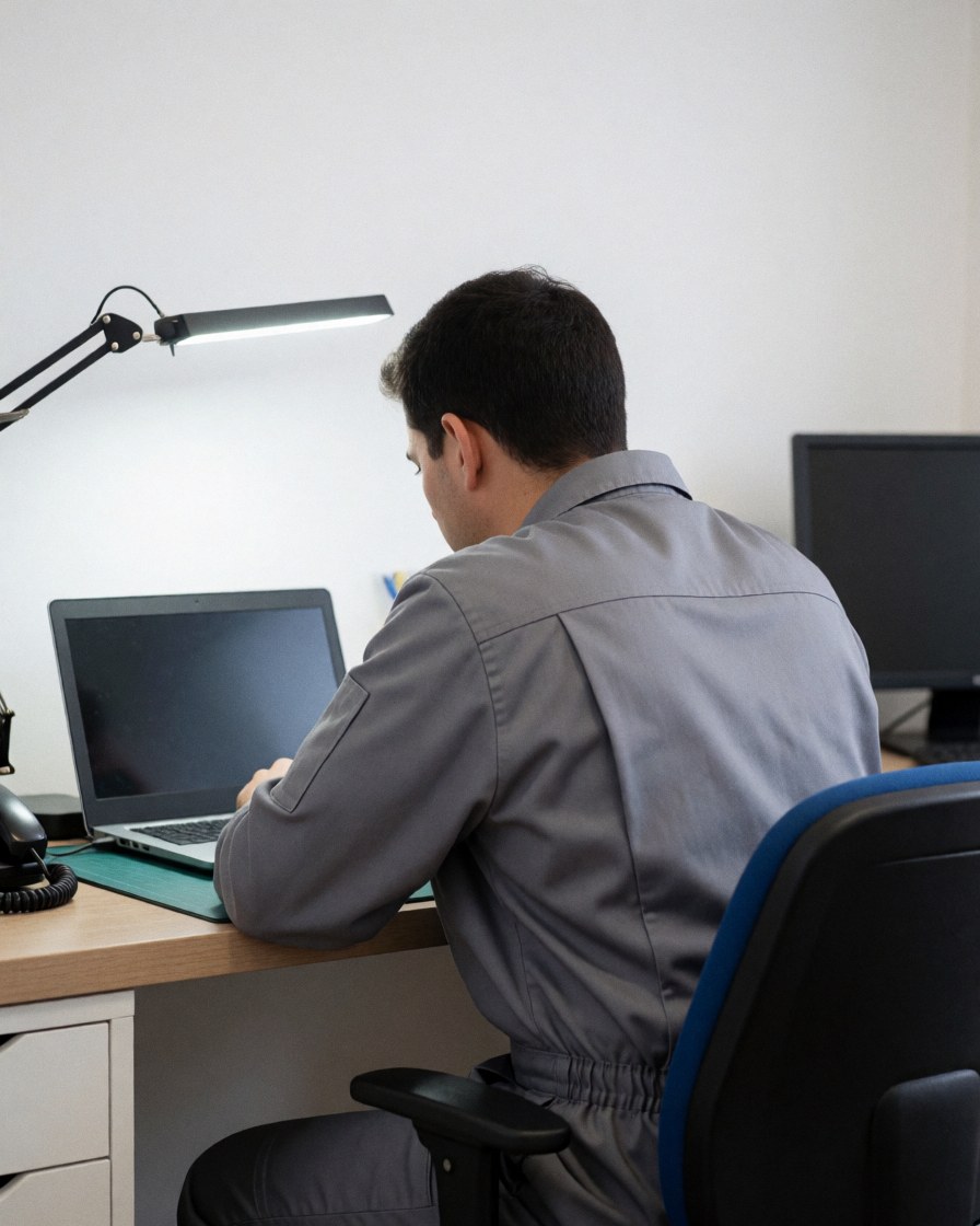 Technician in gray uniform repairing a laptop under a modern desk lamp in a clean office.