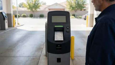 A man operates a ticket dispenser at the entrance of a parking lot, displaying a printed ticket under natural daylight.