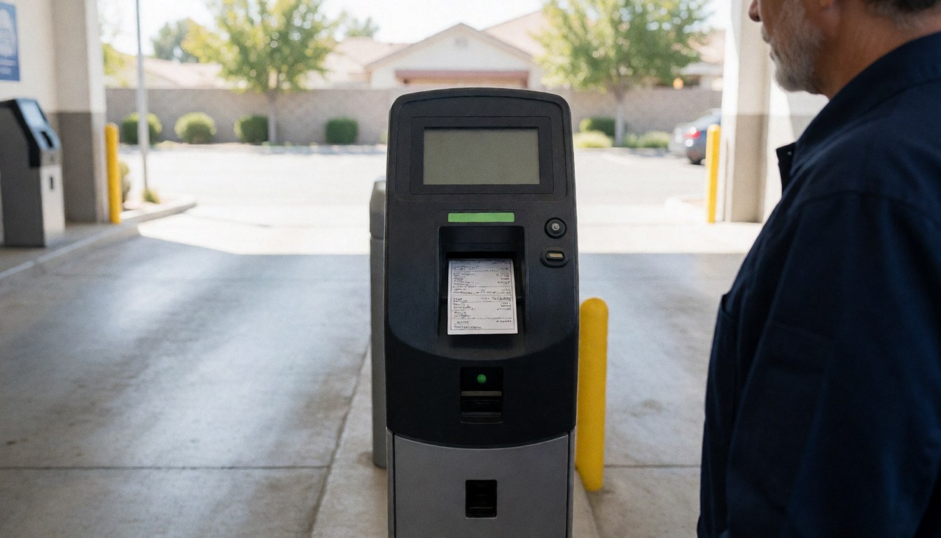 A man operates a ticket dispenser at the entrance of a parking lot, displaying a printed ticket under natural daylight.