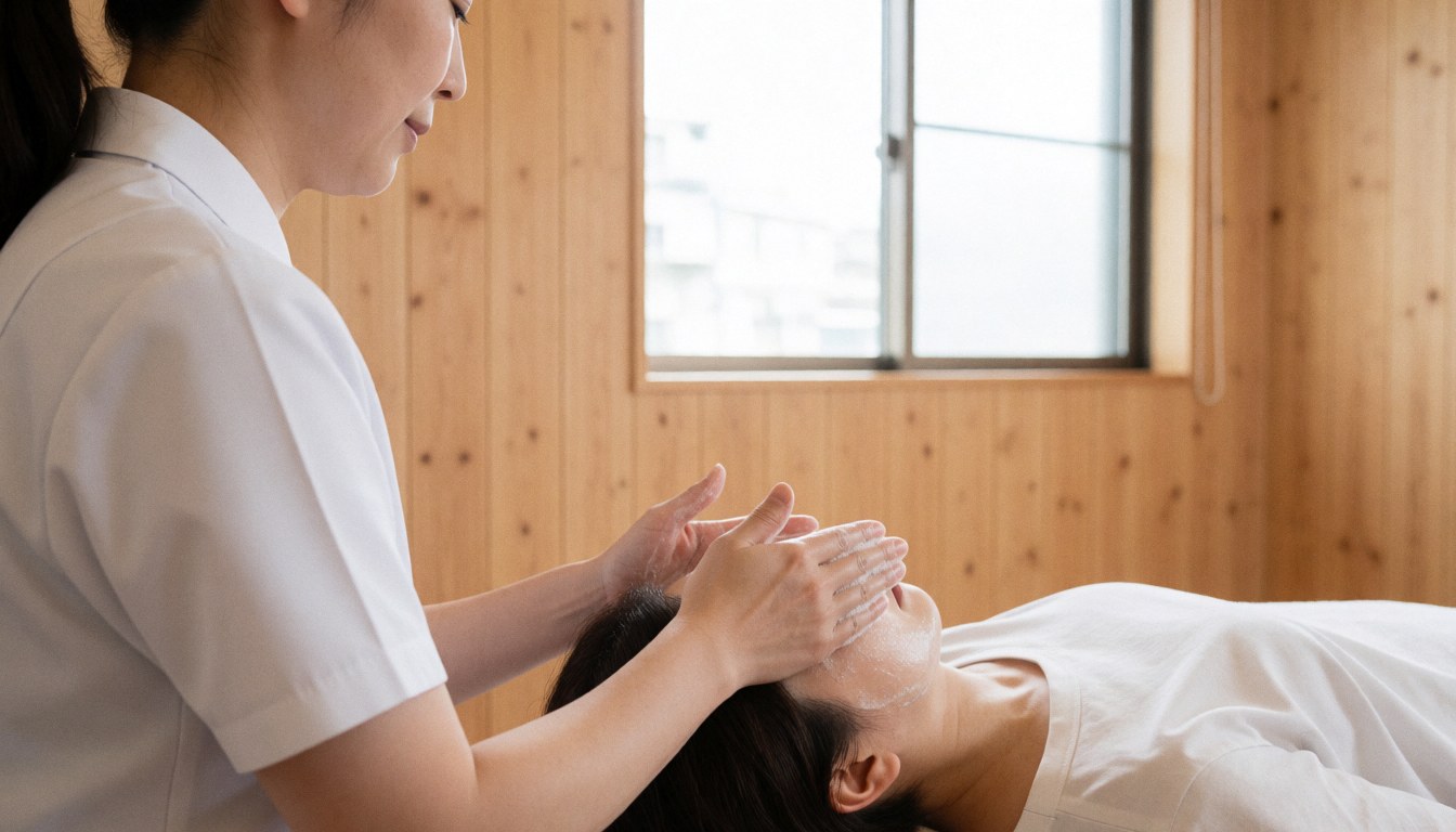 Therapist applying facial gel to client in a wooden room with natural light during a facial cleansing service