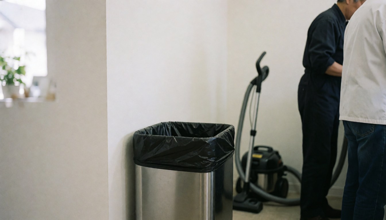 Black trash bag in a stainless steel bin inside a clean kitchen with white walls and natural light, with a vacuum cleaner and two people working in the background.