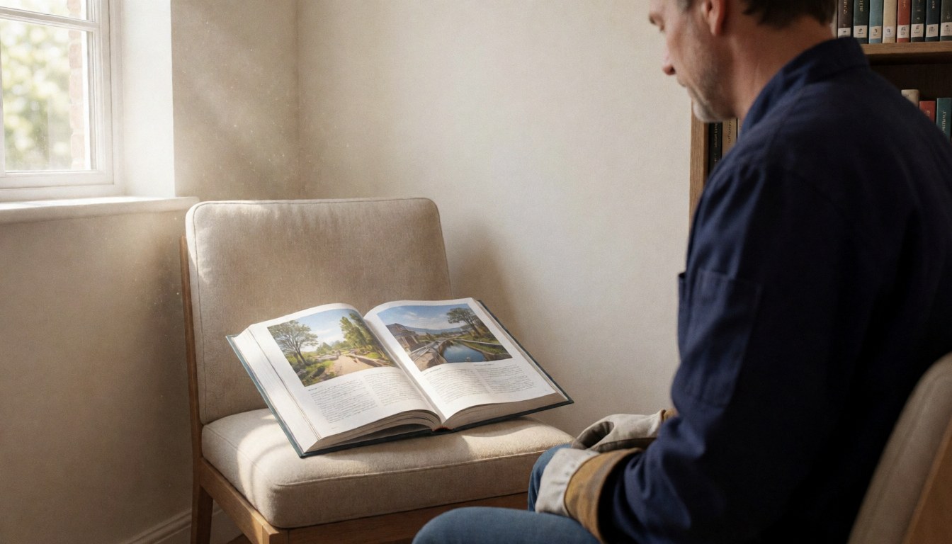 A man sits in a chair near a window reading an open travel book with landscape photos, with bookshelves in the background.