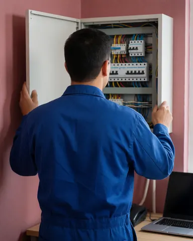 Technician in blue uniform checking control panel with wires and switches against pink wall