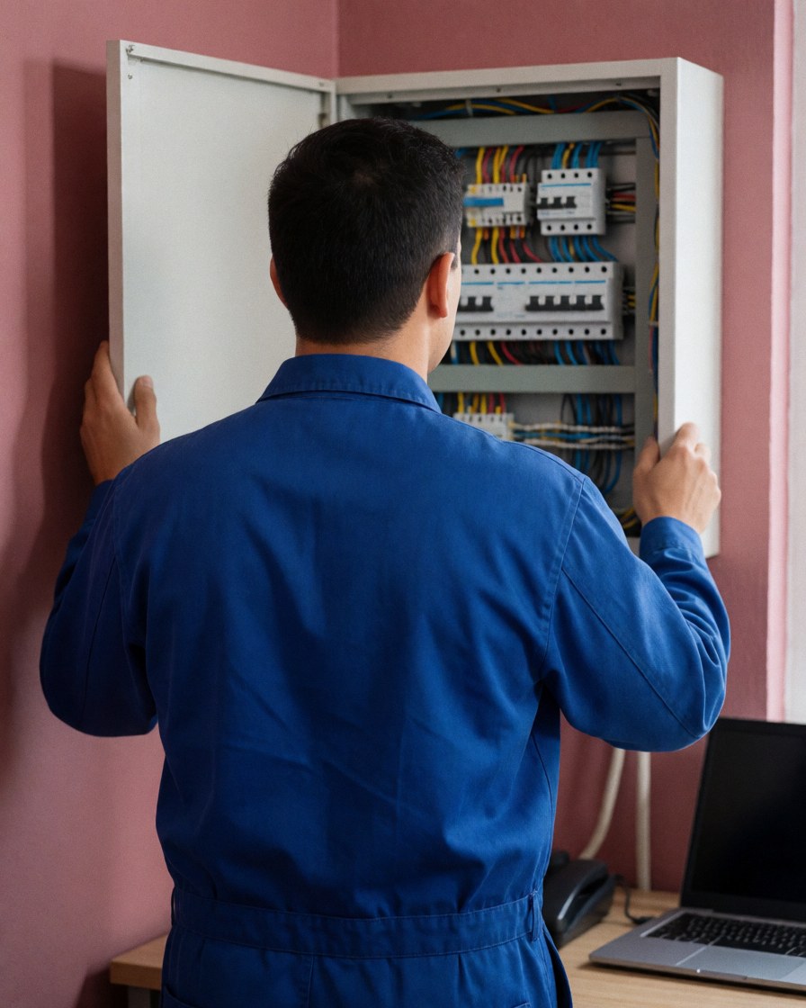 Technician in blue uniform checking control panel with wires and switches against pink wall