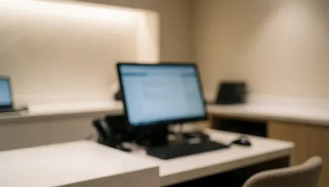 Blurred office background featuring a computer and white desk with warm lighting, suitable for tourism service text overlays