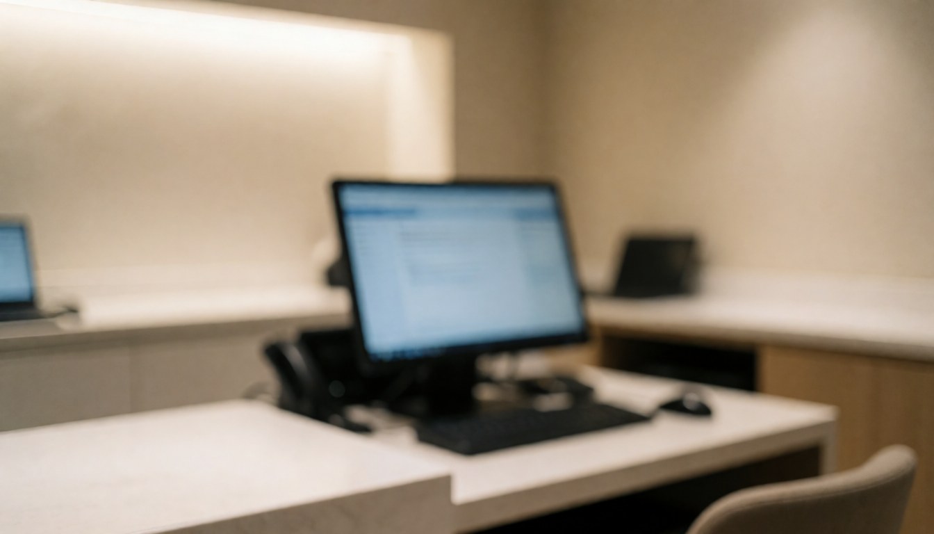 Blurred office background featuring a computer and white desk with warm lighting, suitable for tourism service text overlays