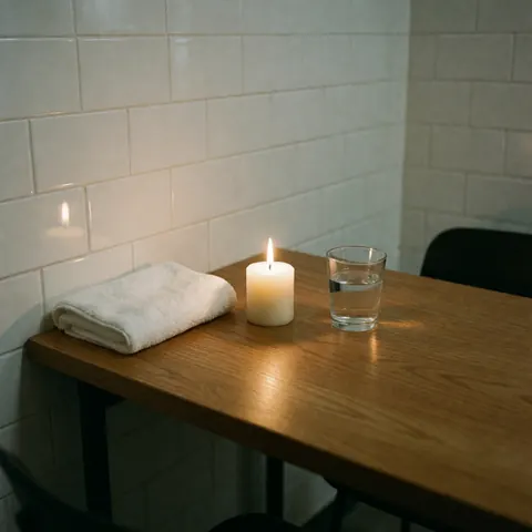 A lit candle, white towel, and glass of water on a wooden table in a tiled bathroom setting.