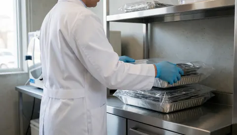 A technician organizing sterile medical instruments on a stainless steel shelf with an autoclave in the background