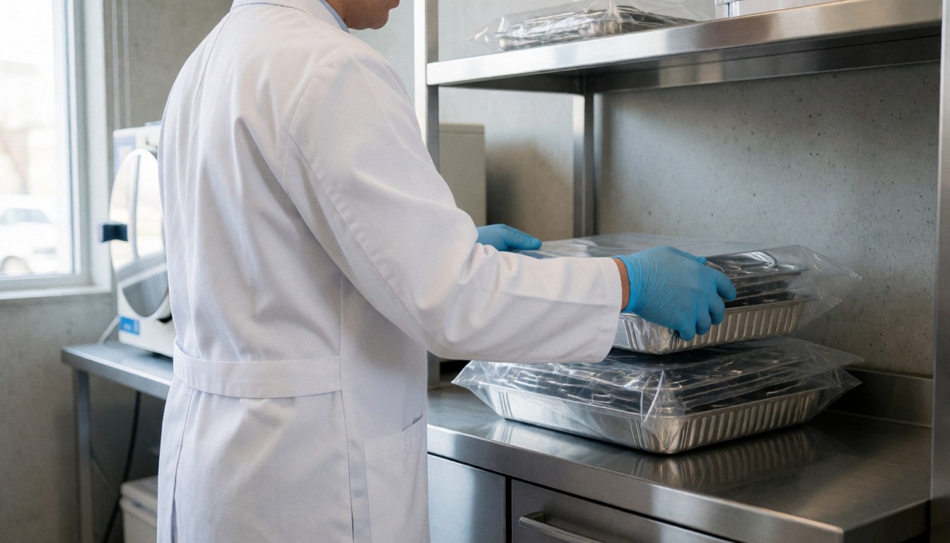 A technician organizing sterile medical instruments on a stainless steel shelf with an autoclave in the background