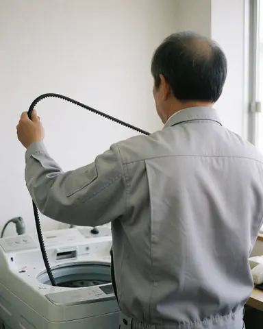 Technician installing a black V belt on a white washing machine in a clean workshop