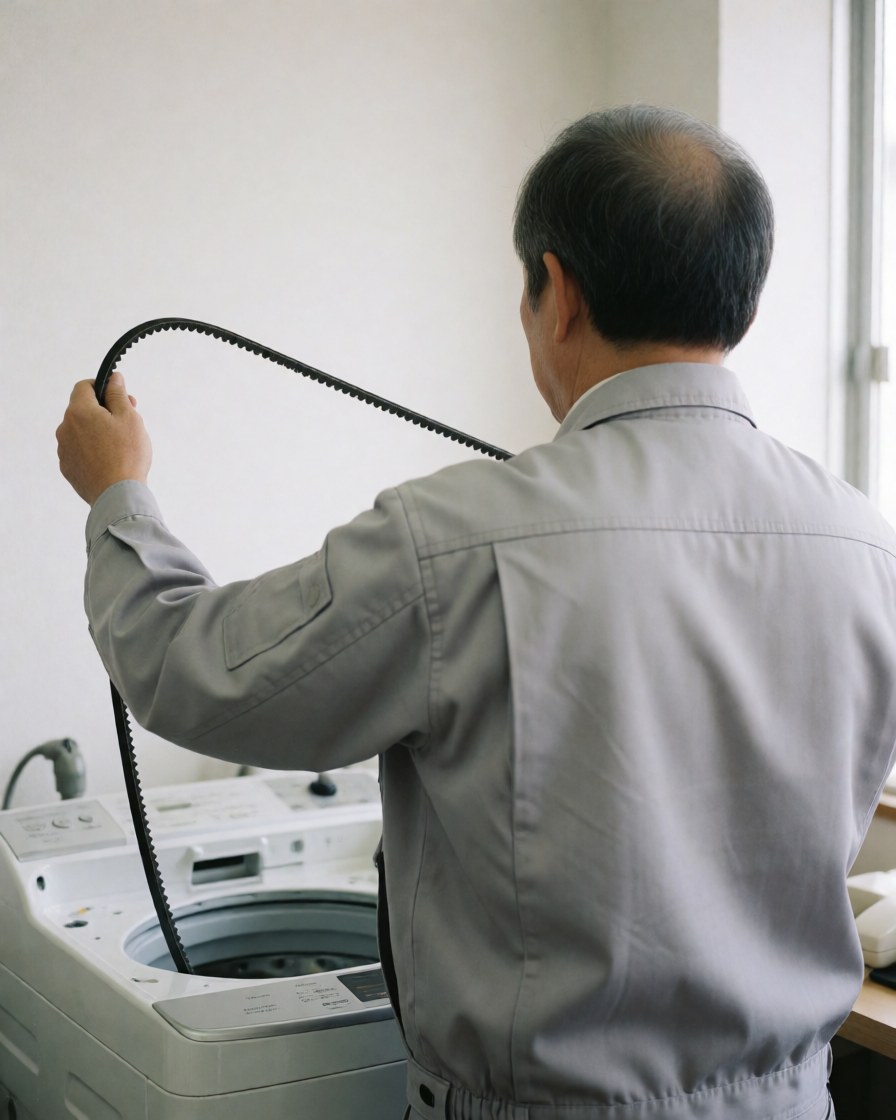 Technician installing a black V belt on a white washing machine in a clean workshop
