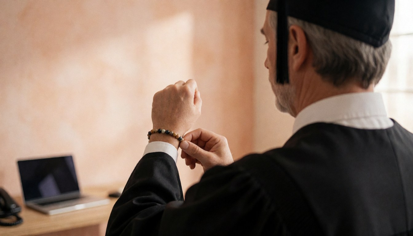 Graduate in cap and gown adjusting a beaded bracelet against a terracotta wall with warm lighting
