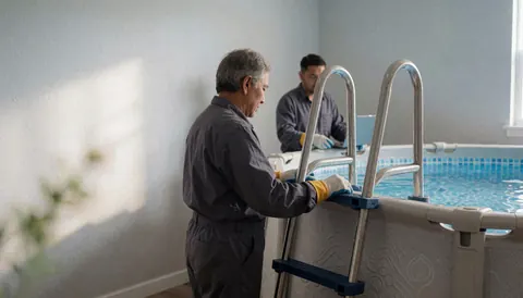 Worker installing a stainless steel ladder on an above-ground pool with gray walls and clear blue water