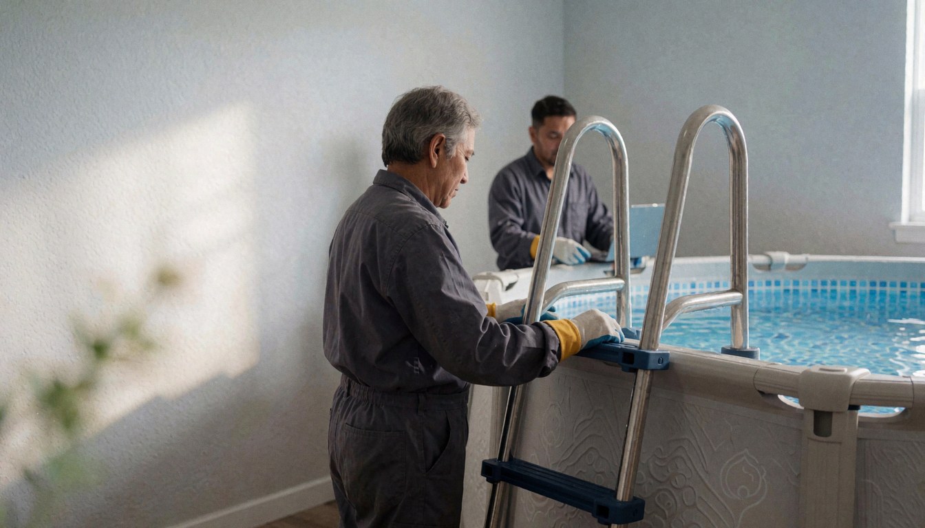 Worker installing a stainless steel ladder on an above-ground pool with gray walls and clear blue water