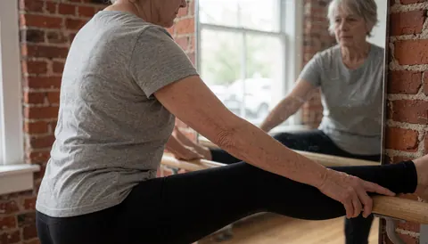 An adult woman stretches her leg at a ballet barre, reflected in a mirror within a studio featuring red brick walls and natural light.