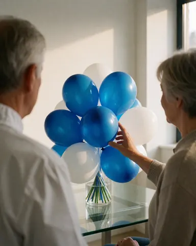 Close-up of a hand gently touching a bouquet of blue and white balloons arranged on a glass table.