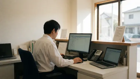 Receptionist working on a computer with natural light and a phone in a public pool office, creating a professional and welcoming atmosphere.