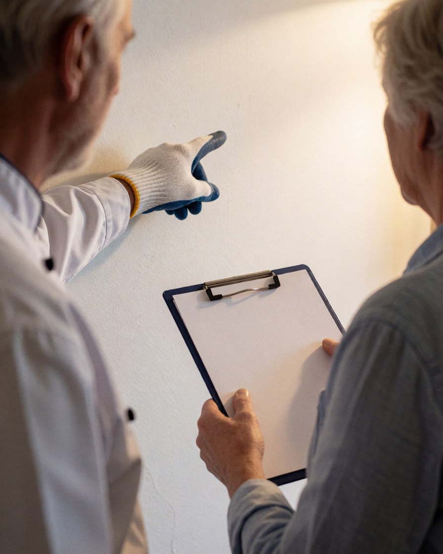 A technician wearing a glove points a clipboard toward a client in an indoor setting with warm lighting and a white wall.